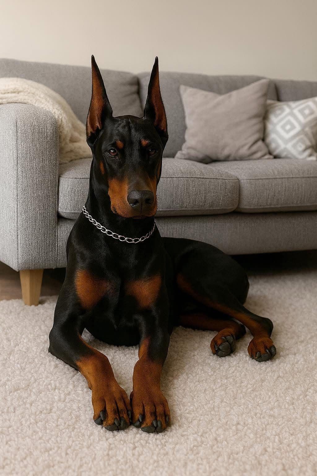 Female guardian-style Doberman showing controlled temperament indoors